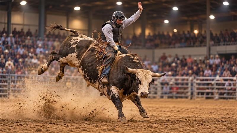 Bull rider at the Adirondack Stampede Rodeo in Glens Falls NY